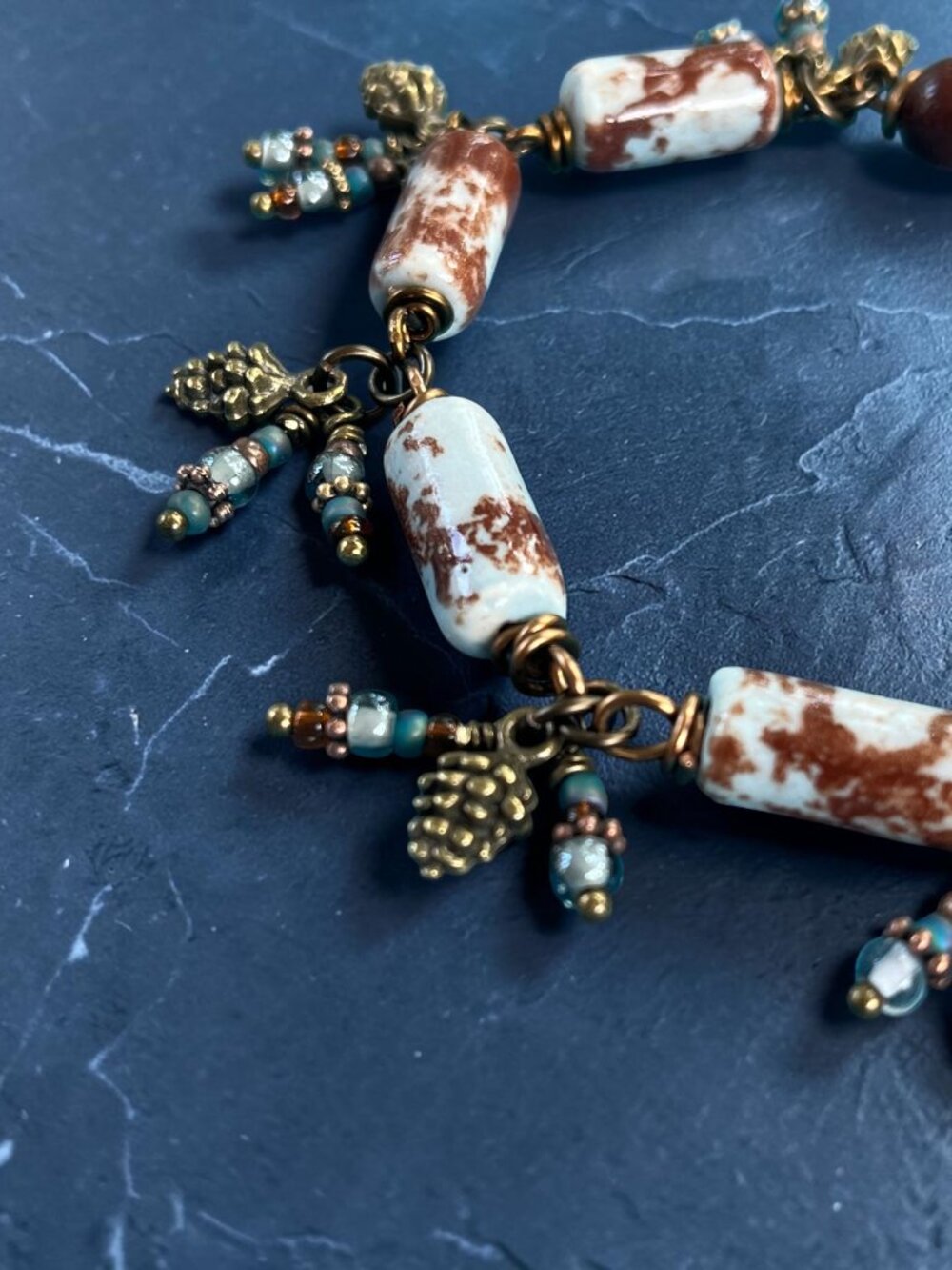 Boho Ceramic Beaded Bracelet | Pinecone Charms, Bead Dangles | Earthy Chunky